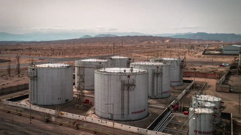 Oil storage tank battery in the desert of Lea County, New Mexico, in the Permian Basin