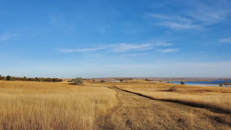 Prairie and Lake Sakakawea south of New Town, Mountrail County, North Dakota